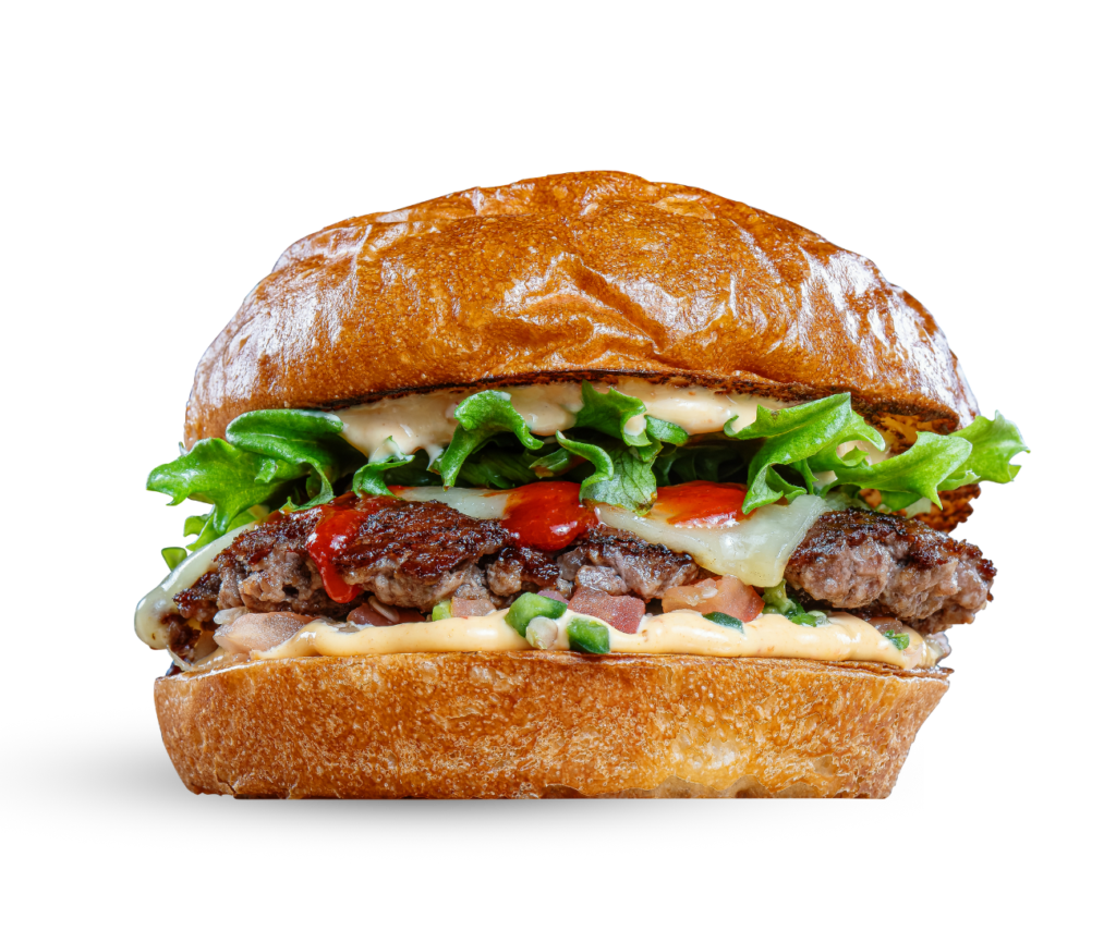 Burgeri naudanlihapihvillä ja tuoreilla täytteillä