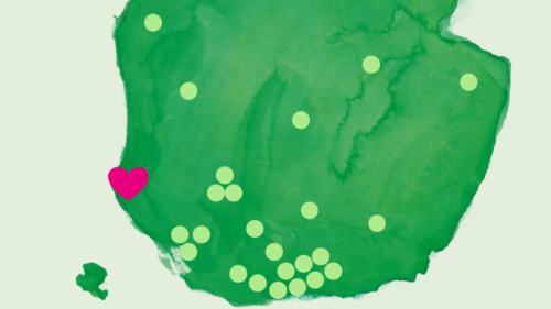 Map of Finland with dots explaining the locations of Friends & Brgrs restaurants. A pink heart on top of Pori.