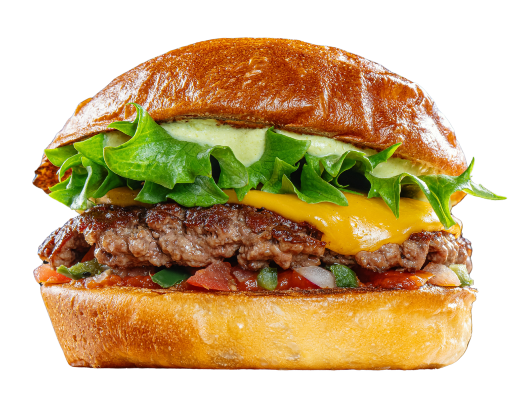 texmex-henkinen burgeri, välissä pihvi juustolla, salaatti, pico de galloa.