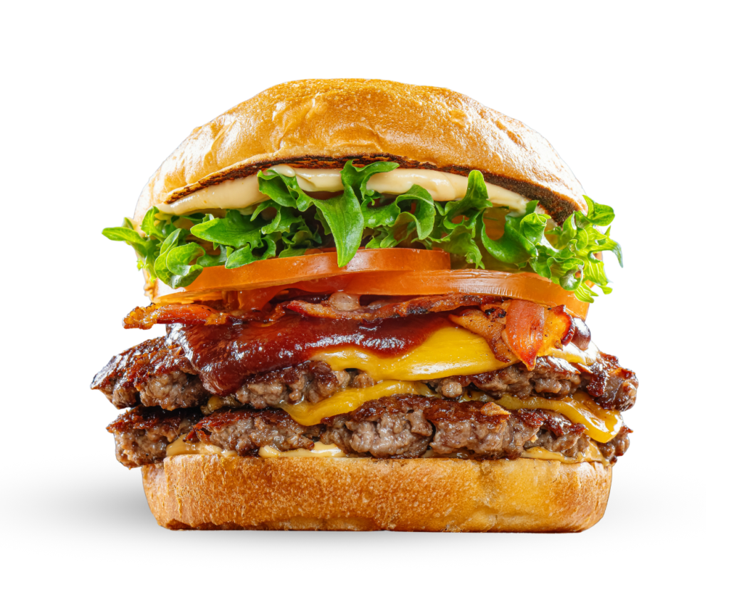 Muhkea burgeri kahdella pihvillä ja pekonilla.